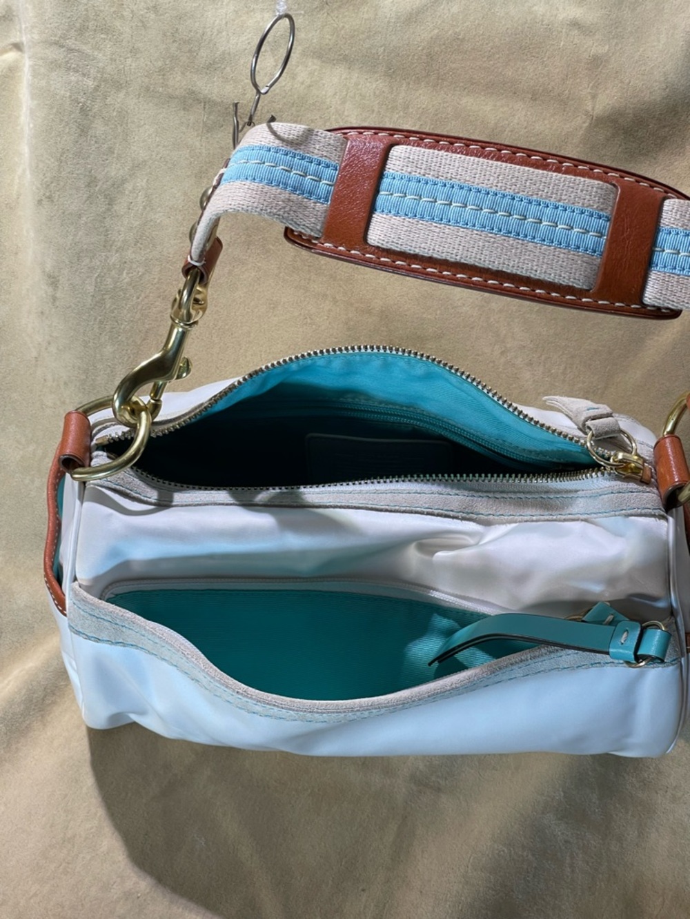 Coach Light Blue and White Mini Shoulder Bag with Brown Trim - Picture 10 of 11